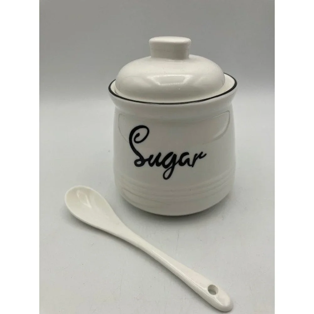White Ceramic Sugar Bowl Jar with Lid‎ and Spoon 4.5